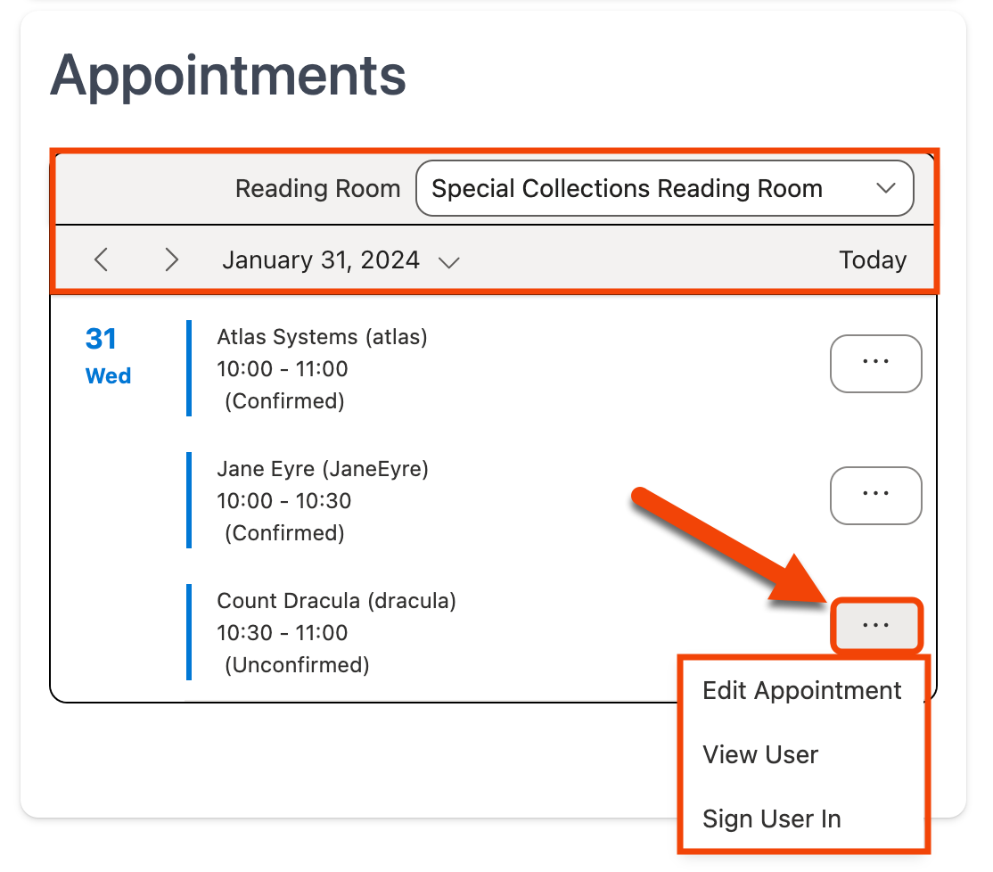 Action menu expanded for appointment on Appointments section of dashboard